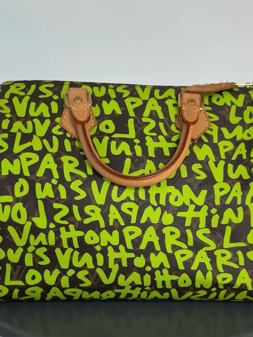 Louis Vuitton Brown Satchel with Neon Green Graffiti and Tan Handles - Picture 3 of 8